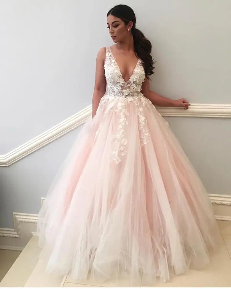 NumberSea - NumberSea Light Pink Wedding Dresses V Neck 3D Flowers Lace Appliques Pink Brida Dress Formal Pary Gowns Robe De Soiree