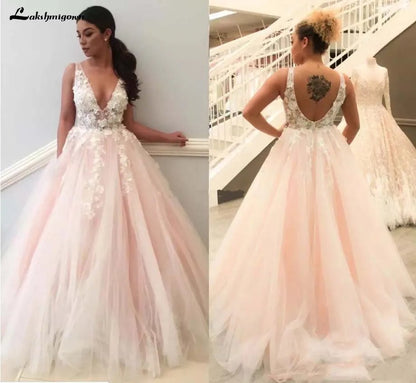 NumberSea - NumberSea Light Pink Wedding Dresses V Neck 3D Flowers Lace Appliques Pink Brida Dress Formal Pary Gowns Robe De Soiree