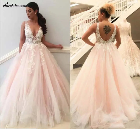 NumberSea - NumberSea Light Pink Wedding Dresses V Neck 3D Flowers Lace Appliques Pink Brida Dress Formal Pary Gowns Robe De Soiree