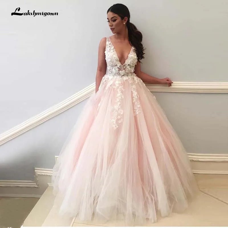 NumberSea - NumberSea Light Pink Wedding Dresses V Neck 3D Flowers Lace Appliques Pink Brida Dress Formal Pary Gowns Robe De Soiree