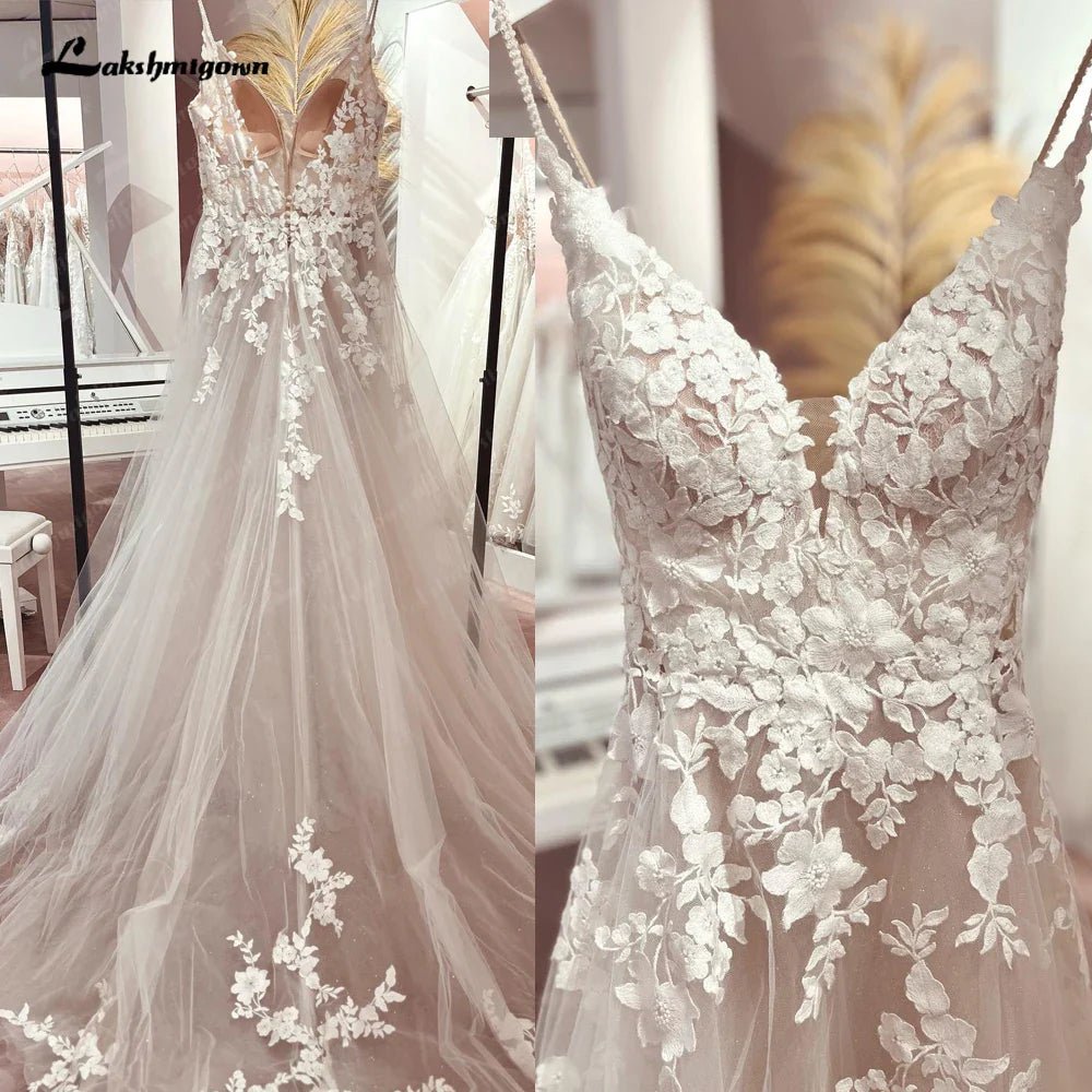 NumberSea - NumberSea Long Boho A - Line Backless Wedding Dress Flowers Spaghetti Straps Bride Dresses Princess Floor Length Wedding Gown