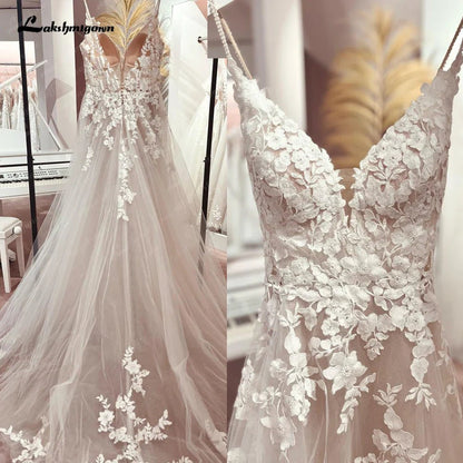 NumberSea - NumberSea Long Boho A - Line Backless Wedding Dress Flowers Spaghetti Straps Bride Dresses Princess Floor Length Wedding Gown