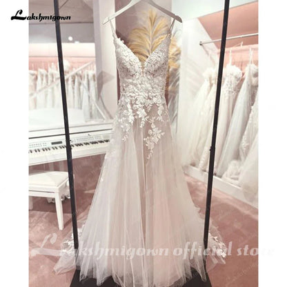 NumberSea - NumberSea Long Boho A - Line Backless Wedding Dress Flowers Spaghetti Straps Bride Dresses Princess Floor Length Wedding Gown