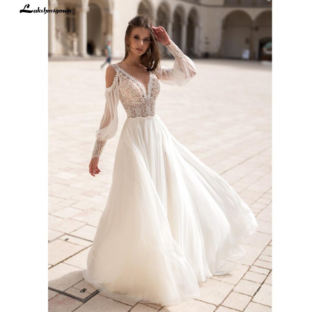 NumberSea - NumberSea Long Puff Sleeves Wedding Dress Lace And Chiffon A Line