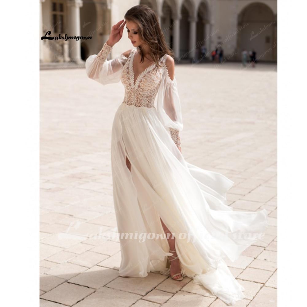 NumberSea - NumberSea Long Puff Sleeves Wedding Dress Lace And Chiffon A Line