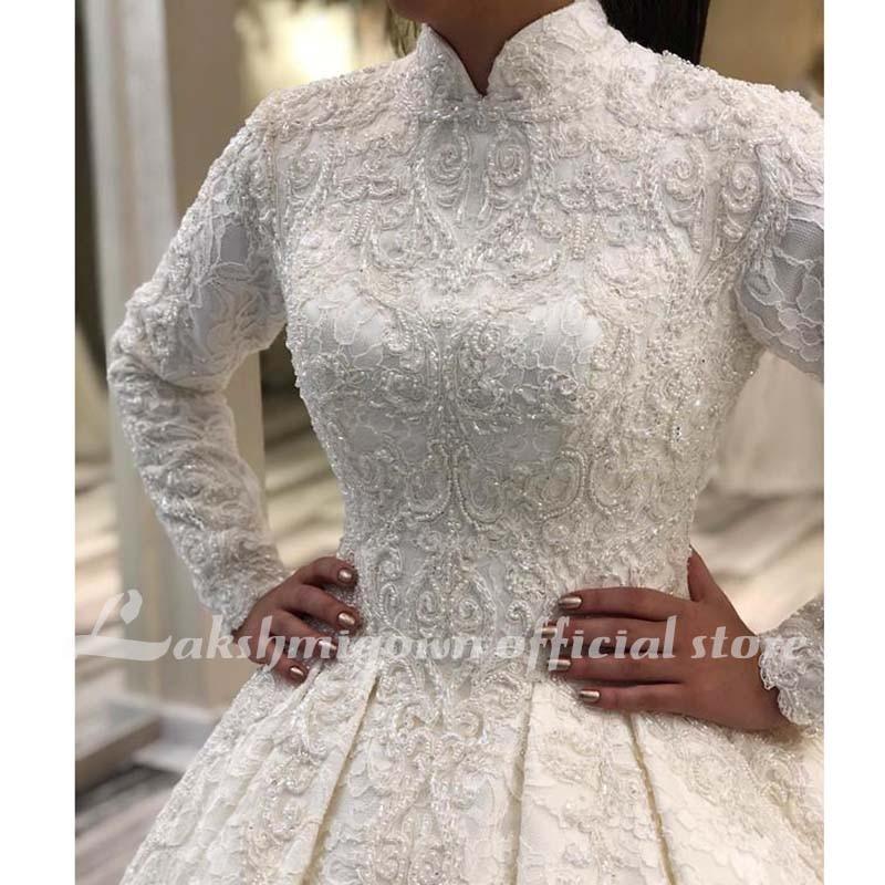 NumberSea - NumberSea Long Sleeve Arabic Wedding Dresses Beaded Pearls Lace Bridal Gowns