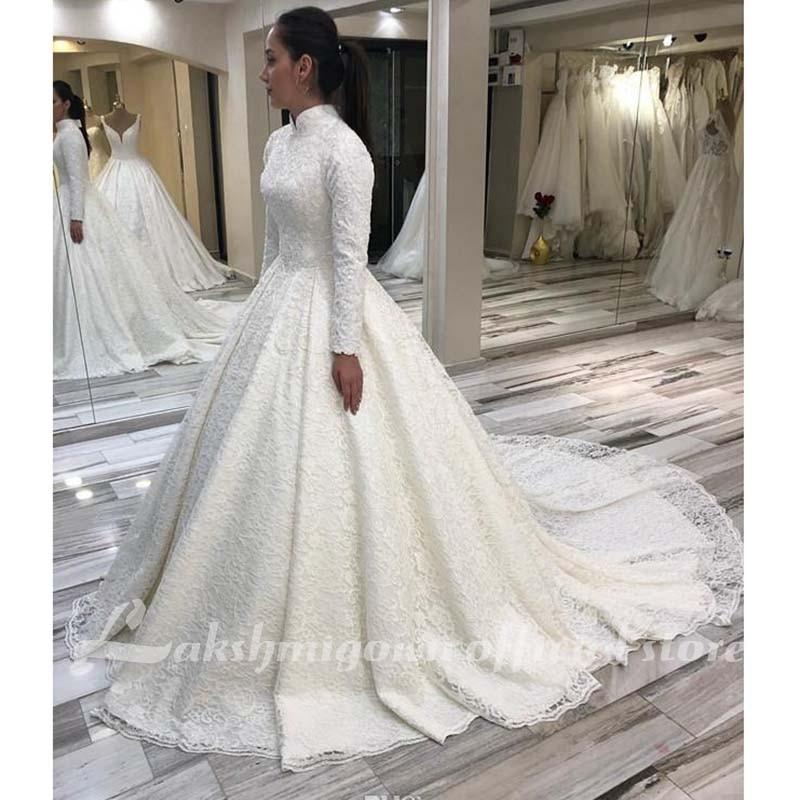 NumberSea - NumberSea Long Sleeve Arabic Wedding Dresses Beaded Pearls Lace Bridal Gowns