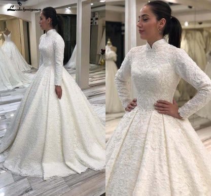 NumberSea - NumberSea Long Sleeve Arabic Wedding Dresses Beaded Pearls Lace Bridal Gowns