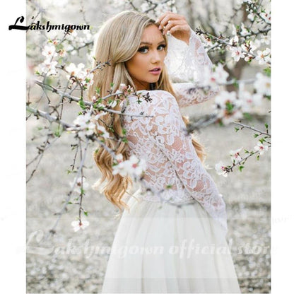 NumberSea - NumberSea Long Sleeve Lace O Neck Short Bohemia Style Wedding Dresses