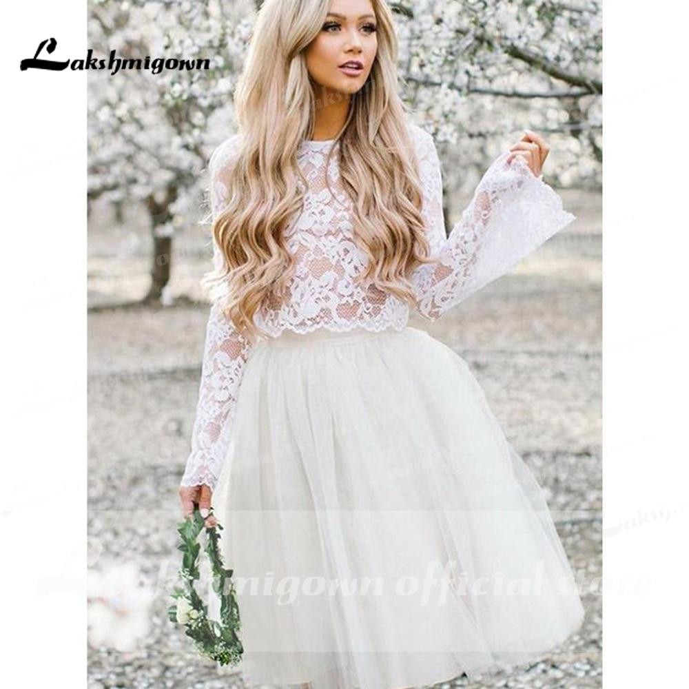 NumberSea - NumberSea Long Sleeve Lace O Neck Short Bohemia Style Wedding Dresses