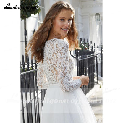 NumberSea - NumberSea Long Sleeve Lace Tulle O Neck Ball Gown Wedding Dresses