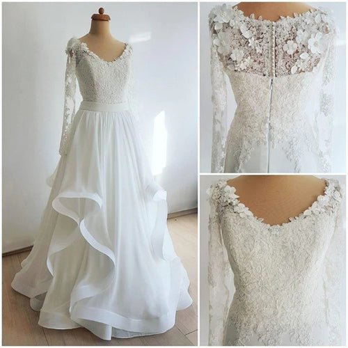 NumberSea - NumberSea Long Sleeve Wedding Dresses A - line Floor - length Ruffles Chiffon Lace Bridal Gown,MW434