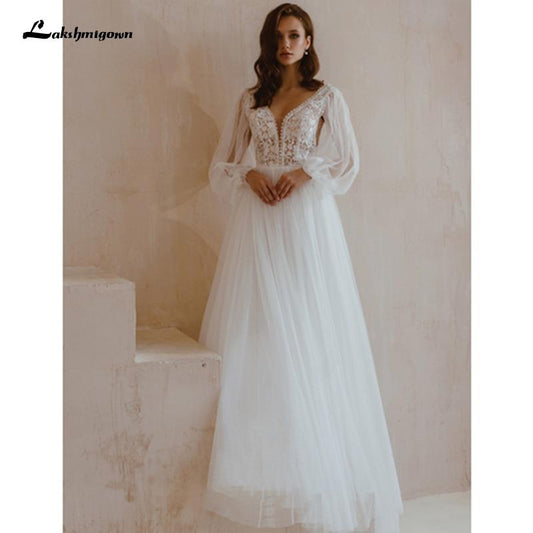 NumberSea - NumberSea Long Sleeve Wedding Dresses A Line Simple Beach Chiffon