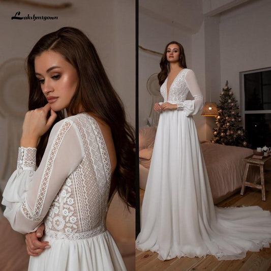 NumberSea - NumberSea Long Sleeve Wedding Dresses A Line Simple Beach Chiffon