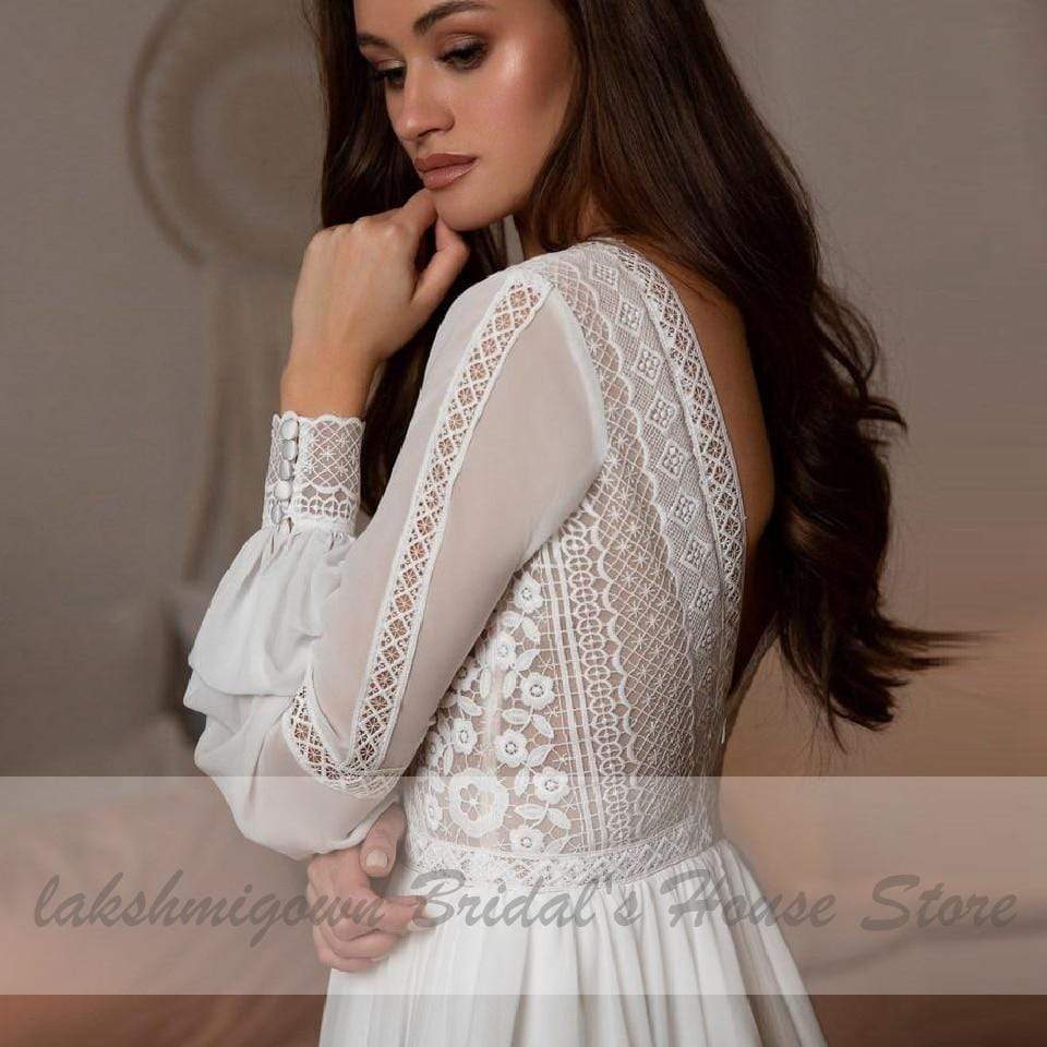 NumberSea - NumberSea Long Sleeve Wedding Dresses A Line Simple Beach Chiffon