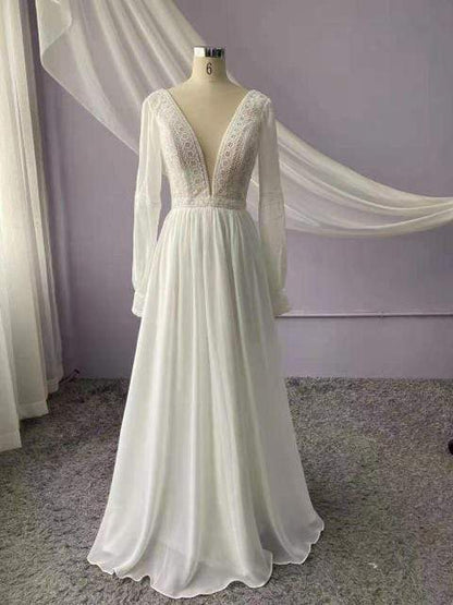 NumberSea - NumberSea Long Sleeve Wedding Dresses A Line Simple Beach Chiffon