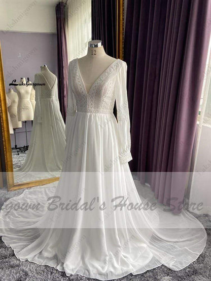 NumberSea - NumberSea Long Sleeve Wedding Dresses A Line Simple Beach Chiffon