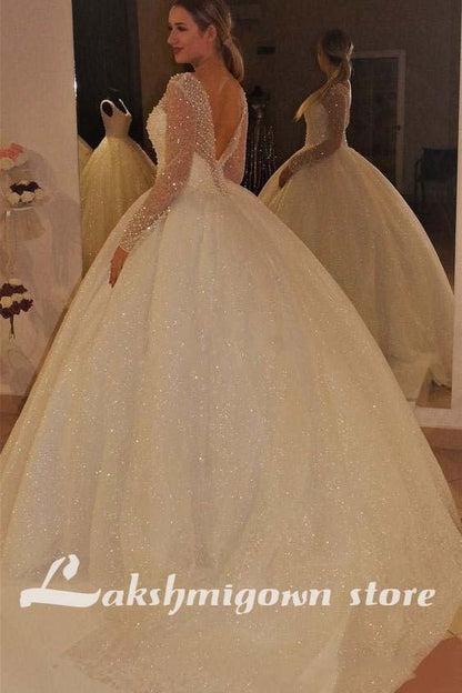 NumberSea - NumberSea Long Sleeve Wedding Dresses Backless Sweep Train