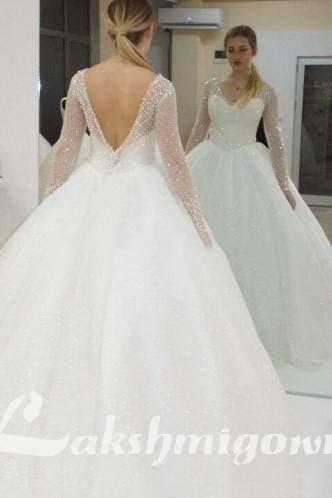 NumberSea - NumberSea Long Sleeve Wedding Dresses Backless Sweep Train