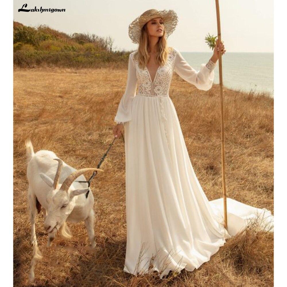 NumberSea - NumberSea Long Sleeves Beach Wedding Dresses Lace Deep V Neck