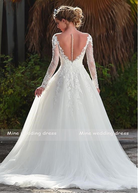 NumberSea - NumberSea Long Sleeves Illusion Scoop Neckline Wedding Dress Vintage Tulle Lace Appliques Bridal Gown Vestido De Noiva