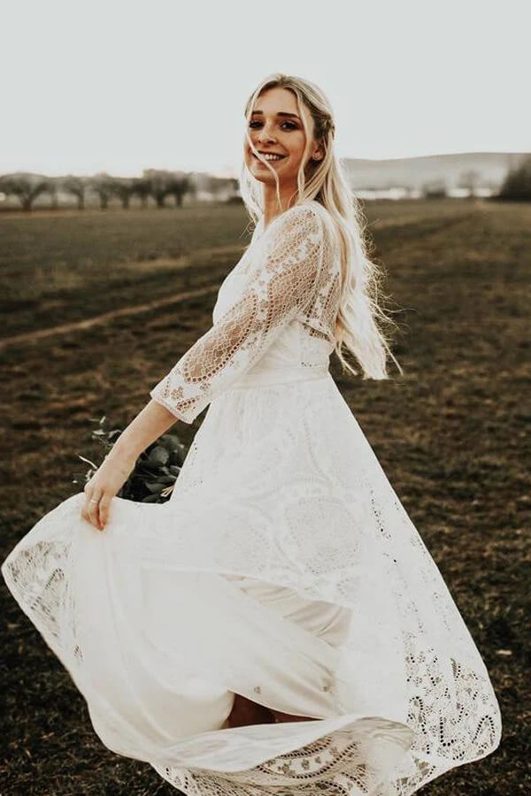 NumberSea - NumberSea Long Sleeves Lace A - line Rustic Wedding Dresses, Wedding Gowns, MW847