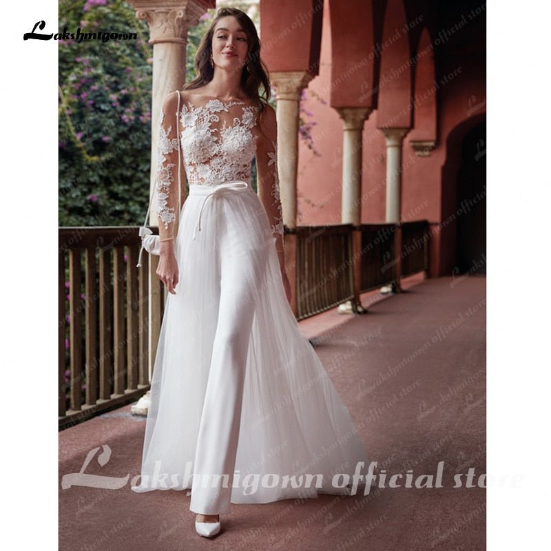 NumberSea - NumberSea Long Sleeves Lace Jumpsuits Wedding Dresses With Detachable Train Soft Satin White bridal gown Vestido De Noiva