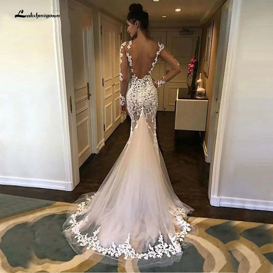 NumberSea - NumberSea Long Sleeves Lace Mermaid Wedding Dress Scoop Gelinlik Vestido De Noiva Court Train White Long Bride Dresses trouwjurk