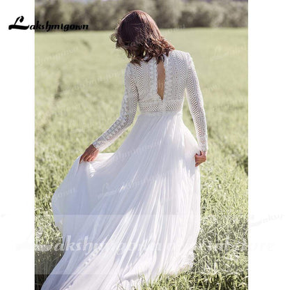 NumberSea - NumberSea Long sleeves lace Wedding Dress Beach Simple Floor Length