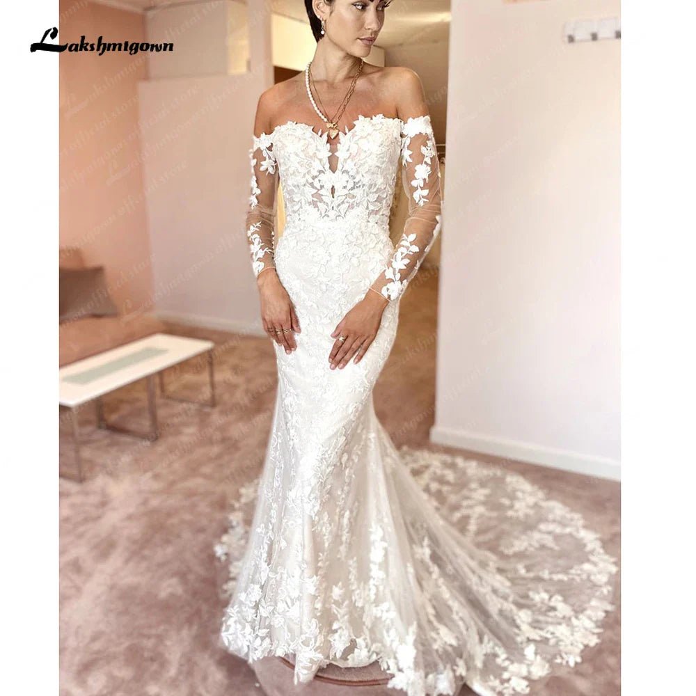 NumberSea - NumberSea Long Sleeves Mermaid Boho Wedding Dress 2025 Off Shoulder Court Train Bridal Gowns vestidos para mujer