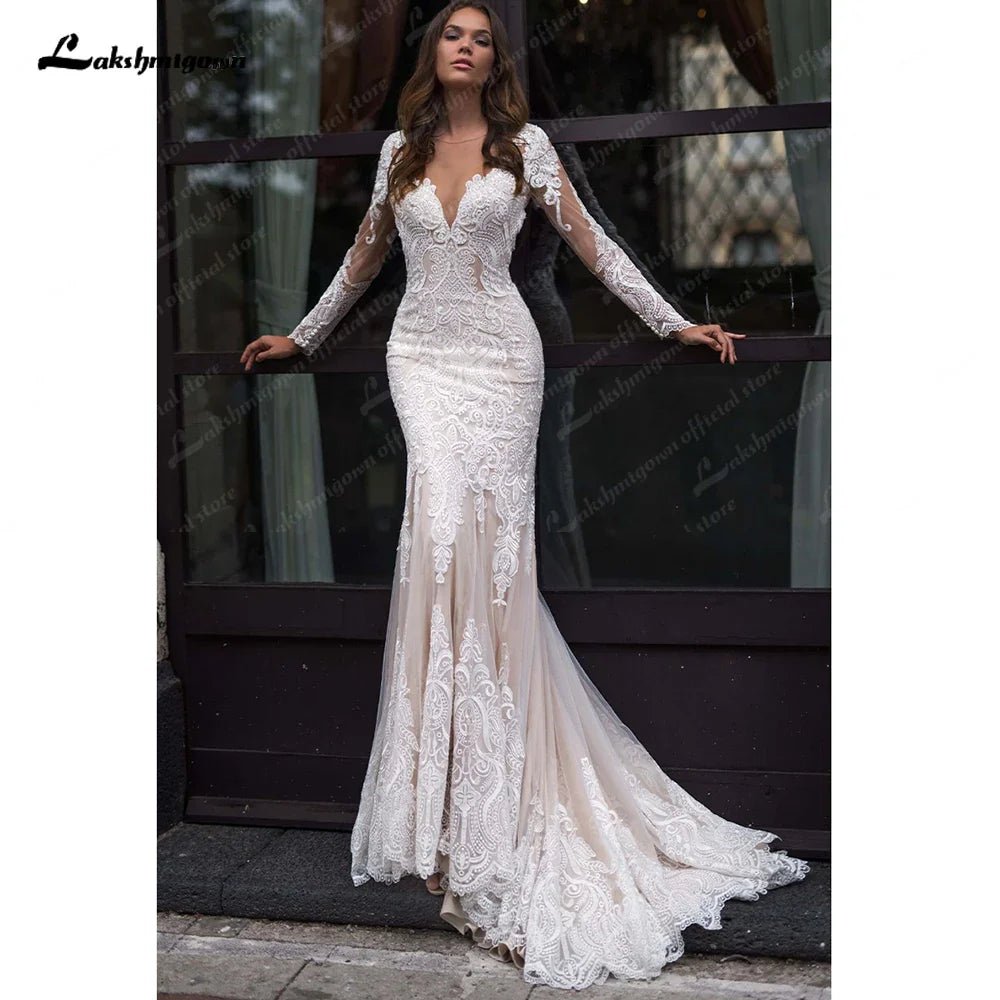 NumberSea - NumberSea Long Sleeves Mermaid Wedding Dress Champagne Lace Appliques Boho Bridal Gown vestido para boda playa