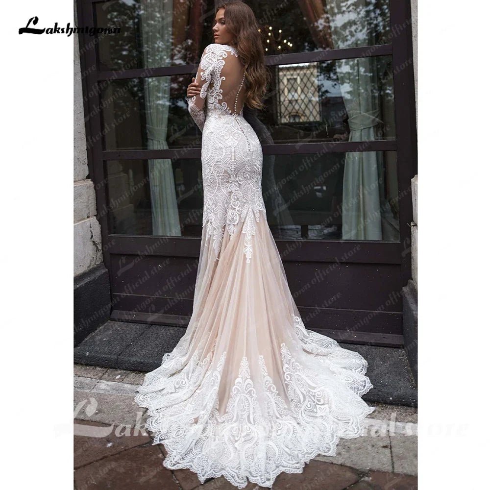 NumberSea - NumberSea Long Sleeves Mermaid Wedding Dress Champagne Lace Appliques Boho Bridal Gown vestido para boda playa