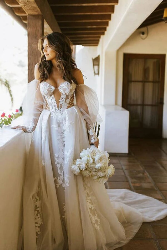 NumberSea - NumberSea Long Sleeves Off Shoulder Bohemian Wedding Dress With Lace Appliques, MW825