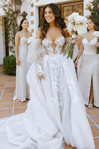 NumberSea - NumberSea Long Sleeves Off Shoulder Bohemian Wedding Dress With Lace Appliques, MW825