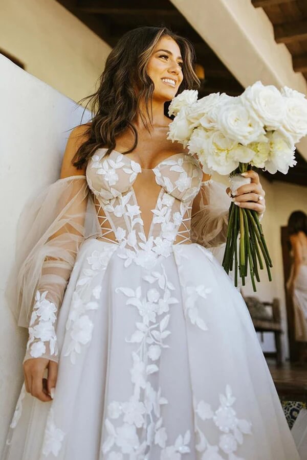 NumberSea - NumberSea Long Sleeves Off Shoulder Bohemian Wedding Dress With Lace Appliques, MW825