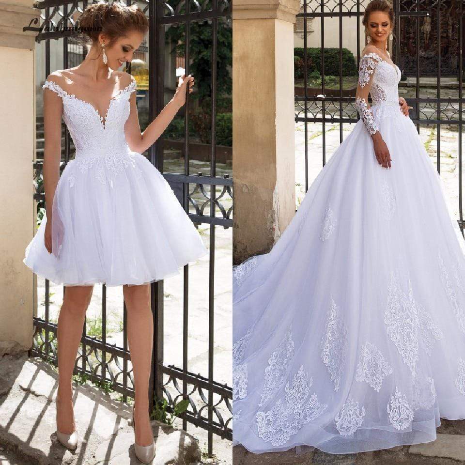 NumberSea - NumberSea Luxury A Line Wedding Dress 2 in 1 with Sleeves Lace