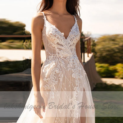 NumberSea - NumberSea Luxury Beaded Lace Bohemian Wedding Dress Spaghetti Straps Sexy