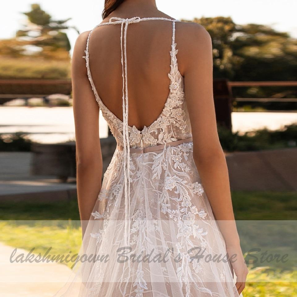 NumberSea - NumberSea Luxury Beaded Lace Bohemian Wedding Dress Spaghetti Straps Sexy