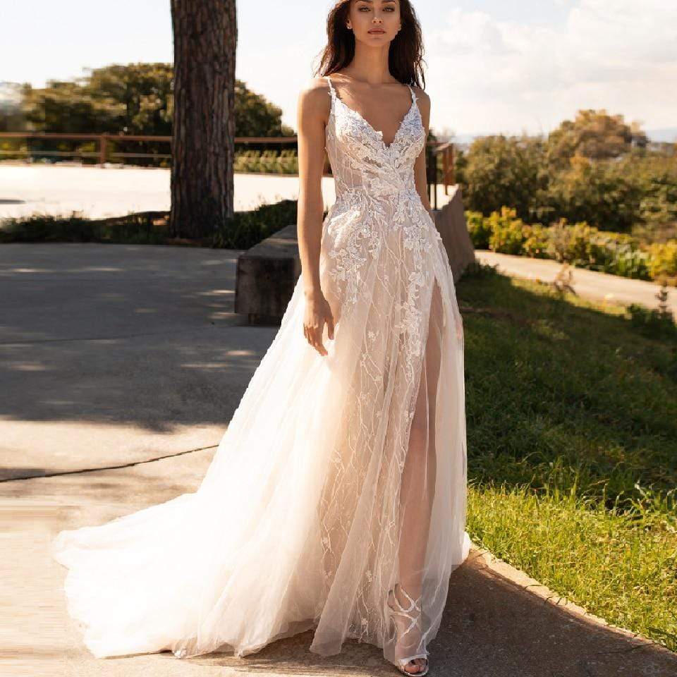 NumberSea - NumberSea Luxury Beaded Lace Bohemian Wedding Dress Spaghetti Straps Sexy