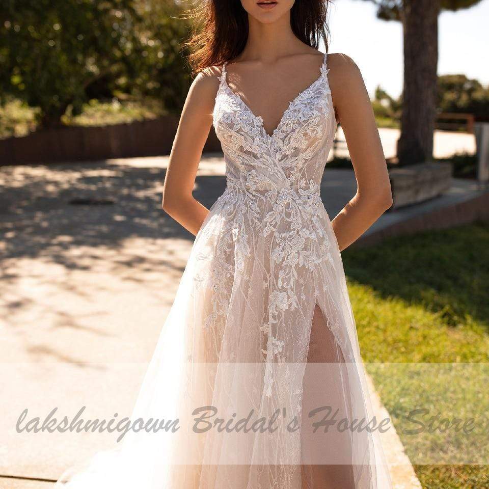 NumberSea - NumberSea Luxury Beaded Lace Bohemian Wedding Dress Spaghetti Straps Sexy