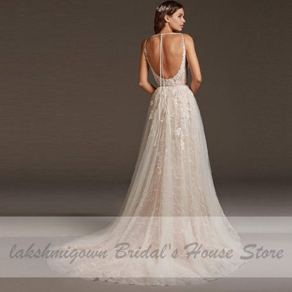 NumberSea - NumberSea Luxury Beaded Lace Bohemian Wedding Dress Spaghetti Straps Sexy