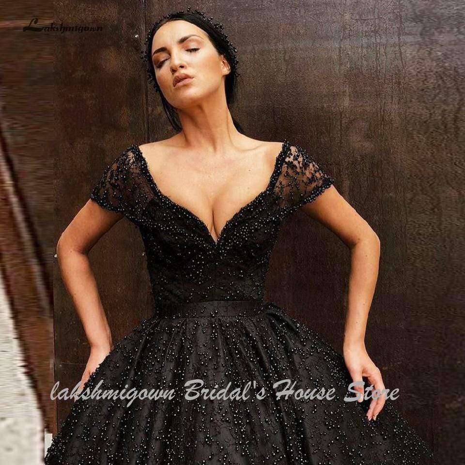 NumberSea - NumberSea Luxury Black Pearls Wedding Dress Floor Length