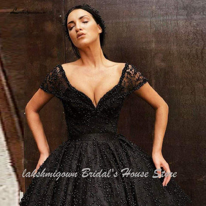 NumberSea - NumberSea Luxury Black Pearls Wedding Dress Floor Length