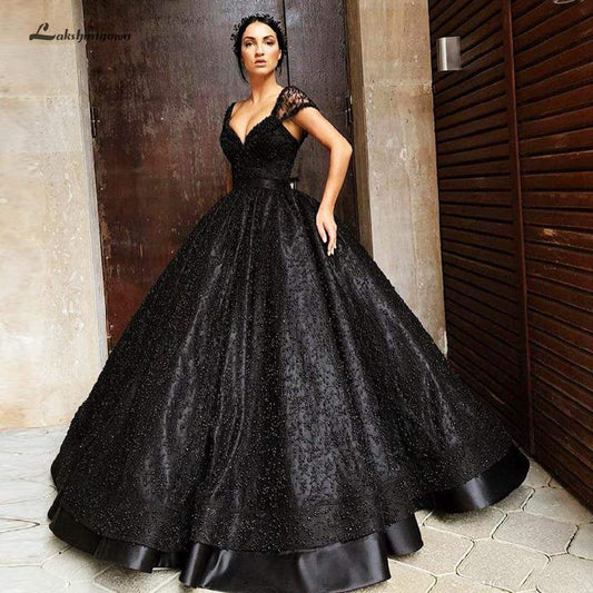 NumberSea - NumberSea Luxury Black Pearls Wedding Dress Floor Length