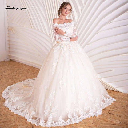 NumberSea - NumberSea Luxury Champagne Wedding Dress Long Sleeve Lace Elegant