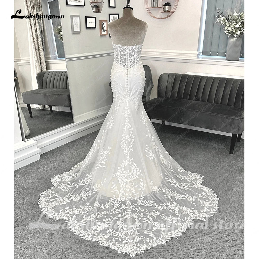 NumberSea - NumberSea Luxury Lace Appliques Mermaid Wedding Dress with Detachable Sleeves Boho Trumpet Women Civil Bridal Wedding Gowns