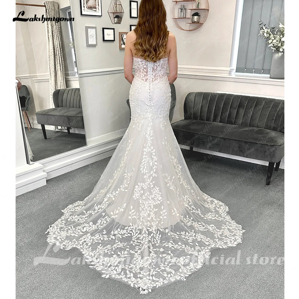 NumberSea - NumberSea Luxury Lace Appliques Mermaid Wedding Dress with Detachable Sleeves Boho Trumpet Women Civil Bridal Wedding Gowns