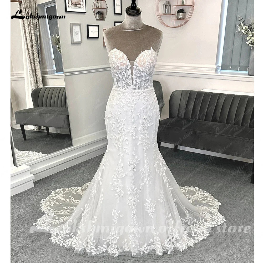 NumberSea - NumberSea Luxury Lace Appliques Mermaid Wedding Dress with Detachable Sleeves Boho Trumpet Women Civil Bridal Wedding Gowns