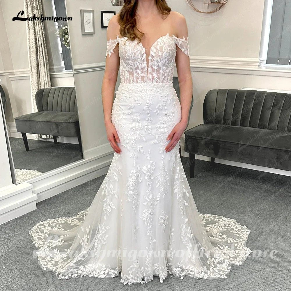 NumberSea - NumberSea Luxury Lace Appliques Mermaid Wedding Dress with Detachable Sleeves Boho Trumpet Women Civil Bridal Wedding Gowns