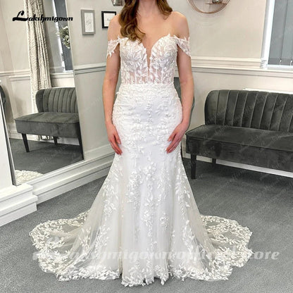 NumberSea - NumberSea Luxury Lace Appliques Mermaid Wedding Dress with Detachable Sleeves Boho Trumpet Women Civil Bridal Wedding Gowns